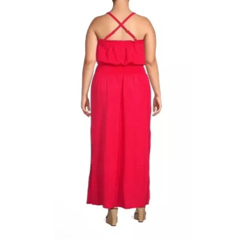 Michael Kors Geranium‎ Orange Red Smocked Square Neck Maxi Dress Size L NWT